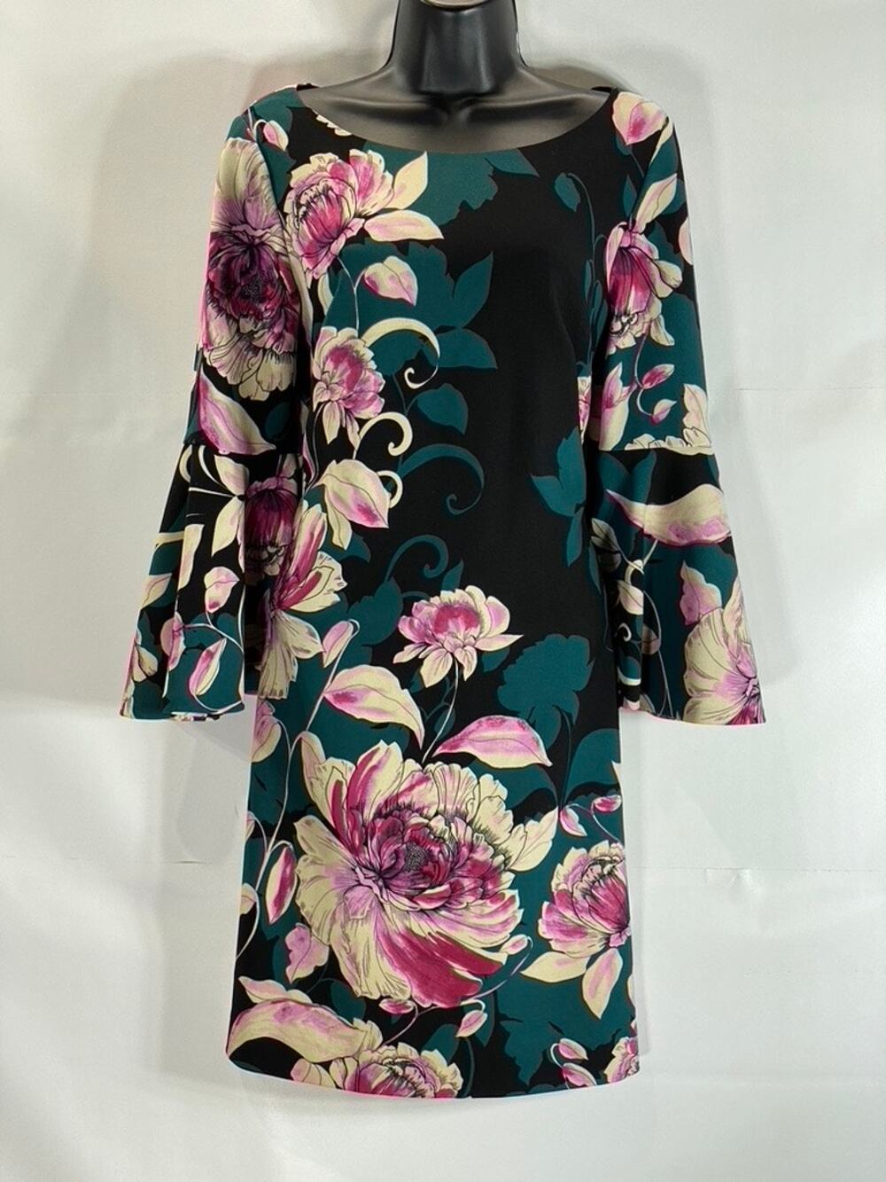 ELIZA J Women's Green Floral Boat-Neck Bell-Sleeve Shift Mini Dress SZ 12